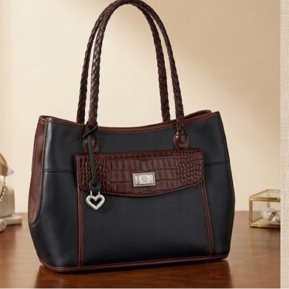Brighton Black & Brown Croc Embossed Leather Tote Bag Braided Straps Like New